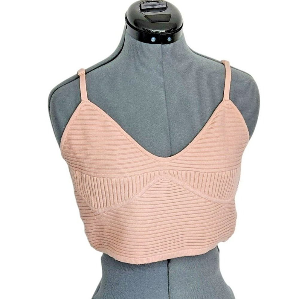 Aerie Women Pink Ribbed Knit Crop Top V-Neck Adjustable Straps Size Large